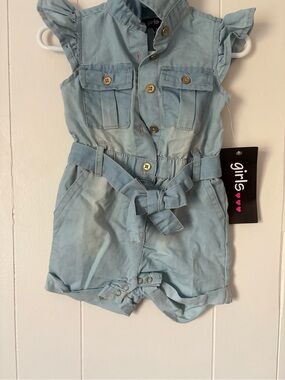 Girls Light Blue Denim Tie-Waist One-Piece Romper by
